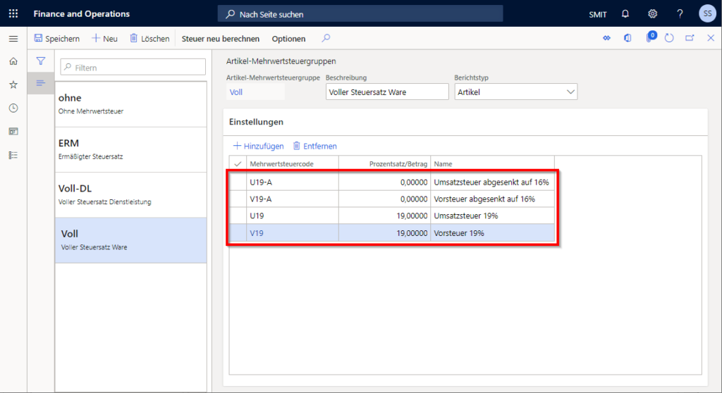 Abbildung der Mehrwertsteuer-Senkung in Dynamics 365 Finance